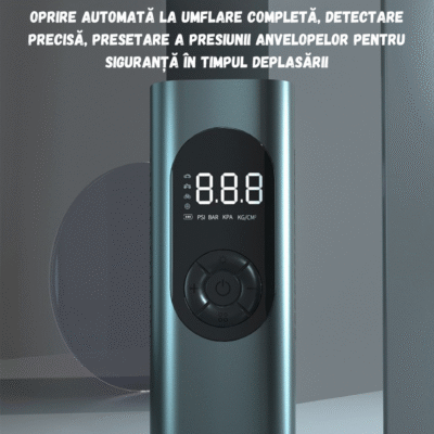 Compresor inteligent auto (150PSI, LED, 4 adaptoare) + stilou auto și afișaj pentru telefon – Cadou gratuit