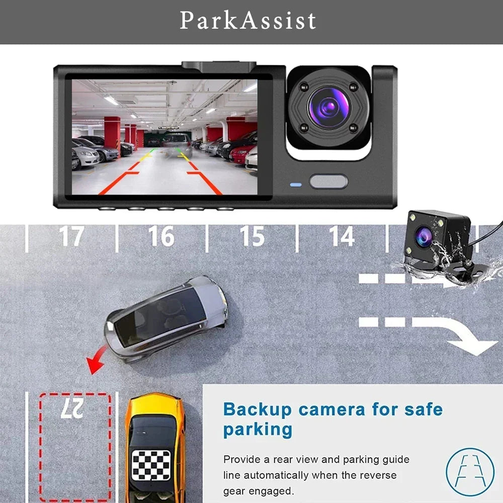 Camera auto tripla FullHD, 3 camere-fata/spate/interior, ecran 2'', G Senzor + Set casti Bluetooth - CADOU