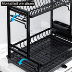 PACHET PROMOTIONAL !!! Scurgator vase, design auto-draining, organizator compact, negru, 42x30x29cm + 1 Set doua prosoape de bumbac pentru bucatarie si 1 ascutitor pentru cutite - CADOU !!!