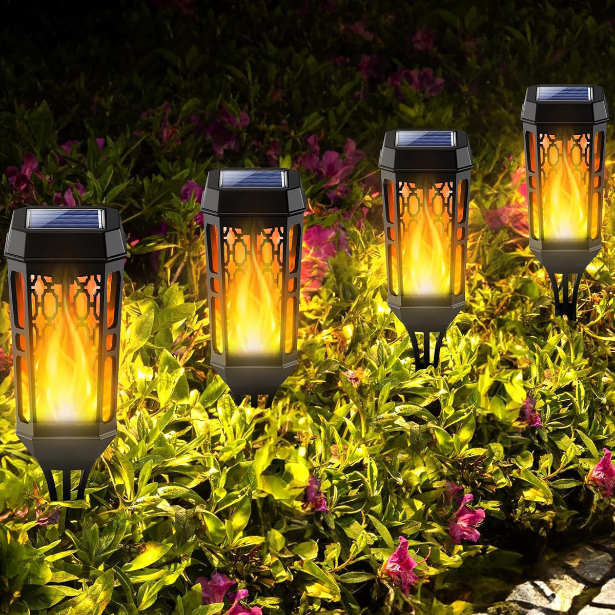 3+1 GRATIS Lampi Solare de Gradina cu Model , Tip Torta, 12 LED-uri, Efect Flacara, IP65