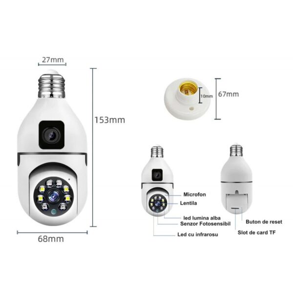 Camera supraveghere Tip Bec ULTRA HD Dual Camera, PTZ, Conexiune WiFi, Dulie E27 + Card de memorie 32GB - CADOU