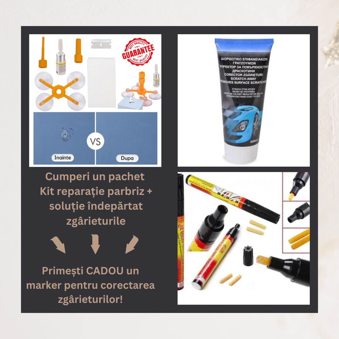 Kit reparatie parbriz + solutie de indepartat zgarieturile auto 200 ml + CADOU marker pentru acoperirea zgarieturilor