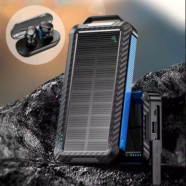 Baterie externa solara 20.000 mAh, 3 cabluri de incarcare si lanterna led + Set Casti Bluetooth - CADOU