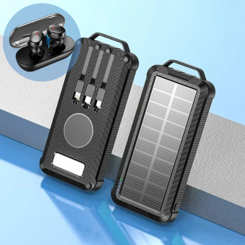 Baterie externa solara 20.000 mAh, 3 cabluri de incarcare si lanterna led + Set Casti Bluetooth - CADOU