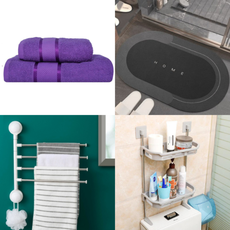 Set 2 prosoape de bumbac + suport de depozitare cu 2 niveluri + suport pentru prosoape cu ventuză + covoraș de baie gratuit