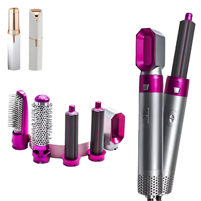 Perie de par 5 in 1 multifunctionala, cu aer cald si multiple accesorii incluse + Epilator facial hipoalergenic cu incarcare USB CADOU