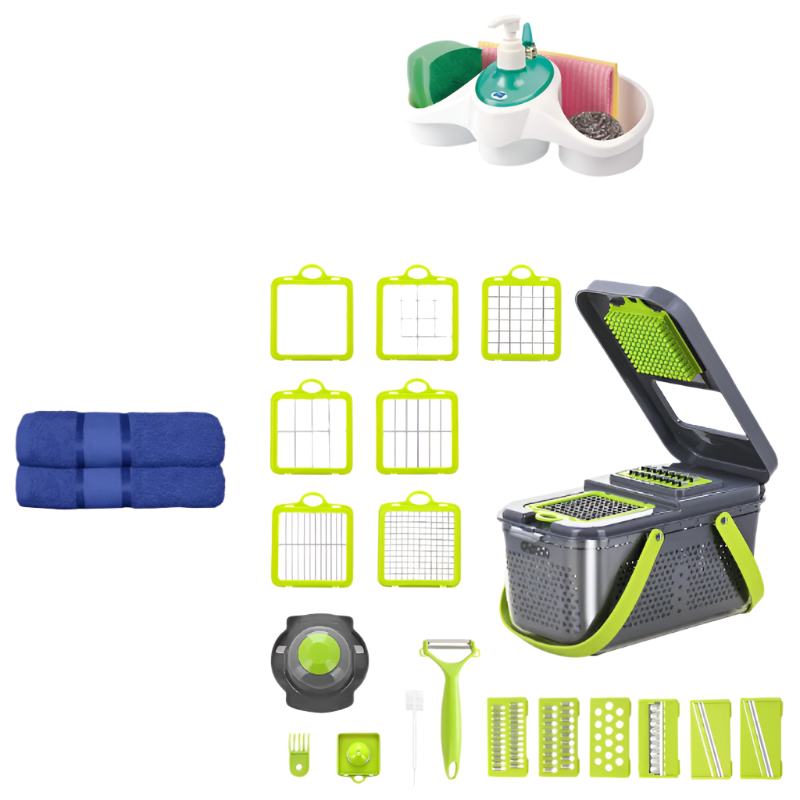 Răzătoare de legume cu 22 de accesorii + organizator de bucătărie + 2 prosoape de bumbac gratuite