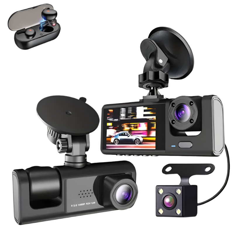 Camera auto tripla FullHD, 3 camere-fata/spate/interior, ecran 2'', G Senzor + Set casti Bluetooth - CADOU