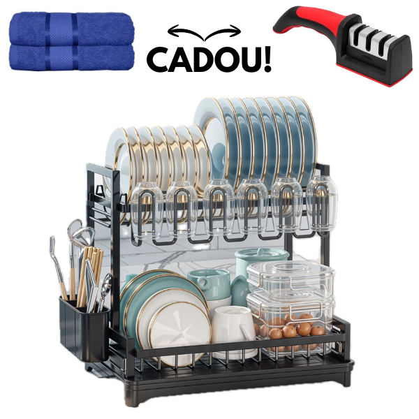 PACHET PROMOTIONAL !!! Scurgator vase, design auto-draining, organizator compact, negru, 42x30x29cm + 1 Set doua prosoape de bumbac pentru bucatarie si 1 ascutitor pentru cutite - CADOU !!!