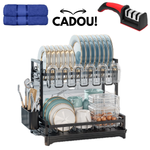 PACHET PROMOTIONAL !!! Scurgator vase, design auto-draining, organizator compact, negru, 42x30x29cm + 1 Set doua prosoape de bumbac pentru bucatarie si 1 ascutitor pentru cutite - CADOU !!!