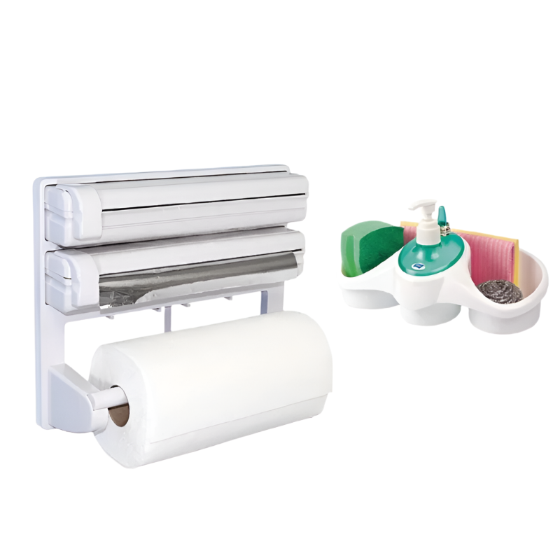 Triplu dispenser de bucatarie + Organizator bucatarie: burete, detergent si accesorii CADOU