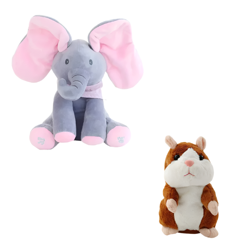 Jucarie interactiva Elefant Cucu-Bau, canta, vorbeste, flutura urechile +Hamster vorbitor CADOU