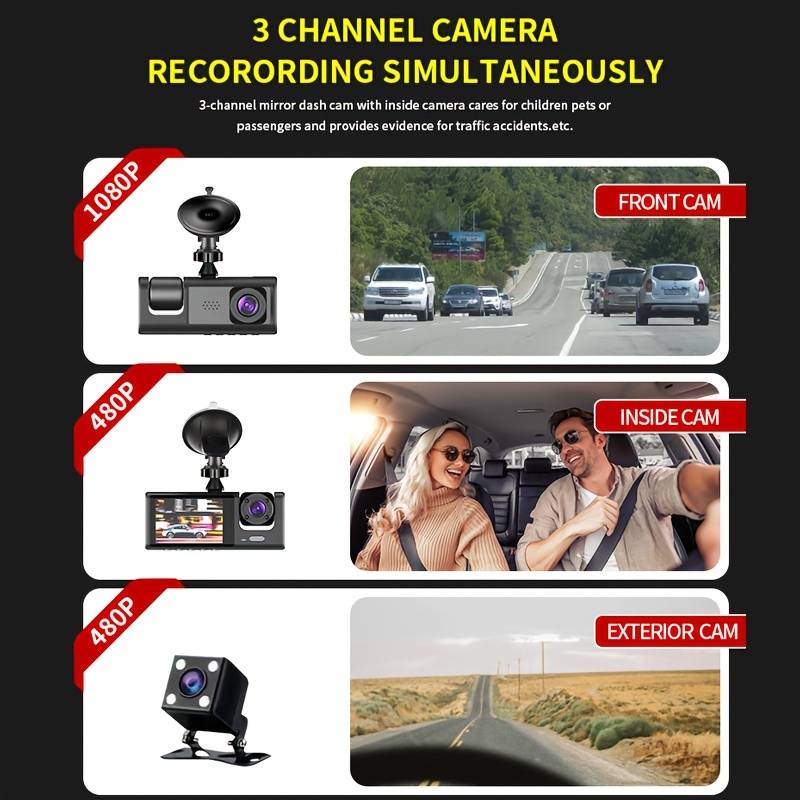 Camera auto tripla FullHD, 3 camere-fata/spate/interior, ecran 2'', G Senzor + Set casti Bluetooth - CADOU