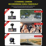 Camera auto tripla FullHD, 3 camere-fata/spate/interior, ecran 2'', G Senzor + Set casti Bluetooth - CADOU
