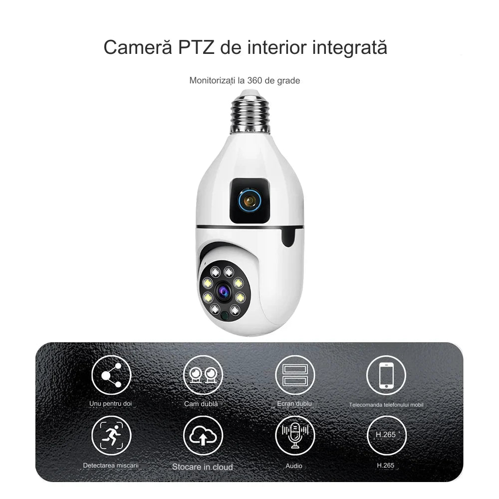 Camera supraveghere Tip Bec ULTRA HD Dual Camera, PTZ, Conexiune WiFi, Dulie E27 + Card de memorie 32GB - CADOU