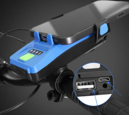 Lanternă frontală pentru bicicletă cu suport pentru telefon, claxon și baterie externă (3000mAh, impermeabilă) + husă gratuită pentru bicicletă