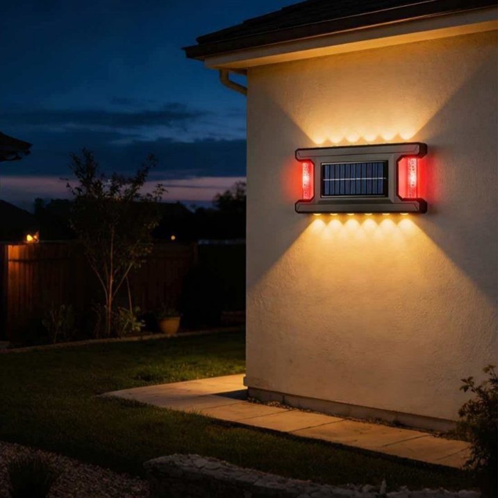 PACHET PROMOTIONAL 2+2 CADOU!! Lămpi Solare LED pentru Exterior cu Lumină Caldă și Iluminare RGB Laterală, Senzor Crepuscular, IP65