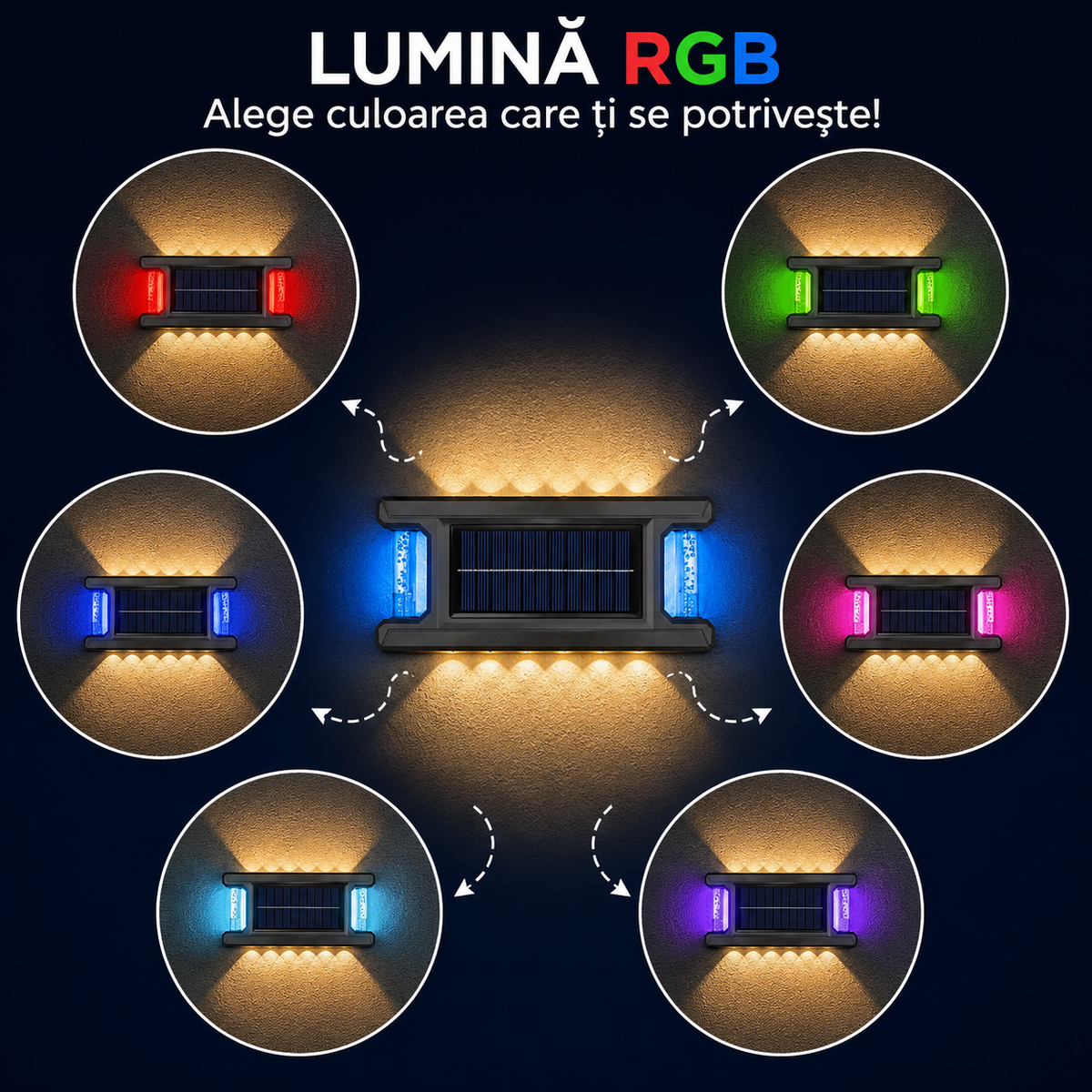 PACHET PROMOTIONAL 2+2 CADOU!! Lămpi Solare LED pentru Exterior cu Lumină Caldă și Iluminare RGB Laterală, Senzor Crepuscular, IP65
