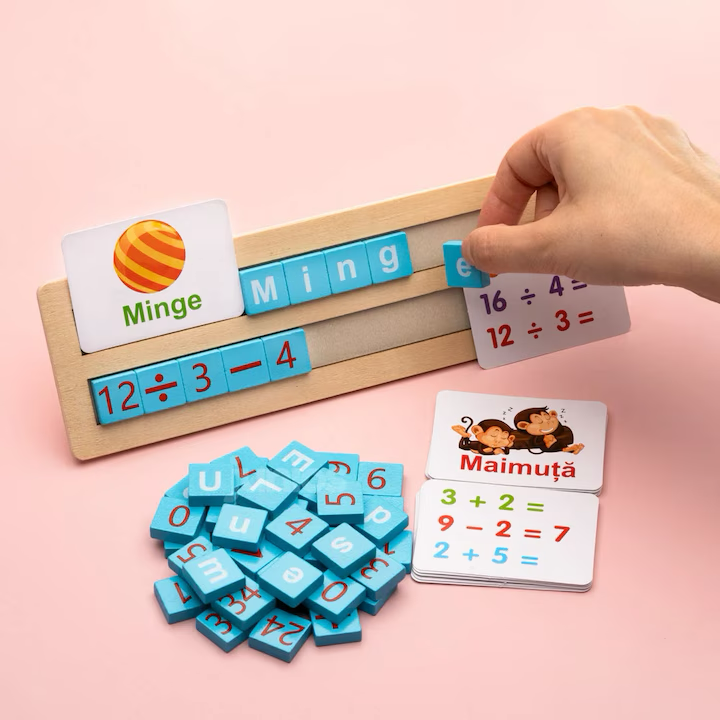 PACHET PROMOTIONAL !!! Joc educativ alfanumeric in limba Romana din lemn, asociere si sortare tip Montessori, 110 piese + Tableta de desen pentru copii - CADOU !!!