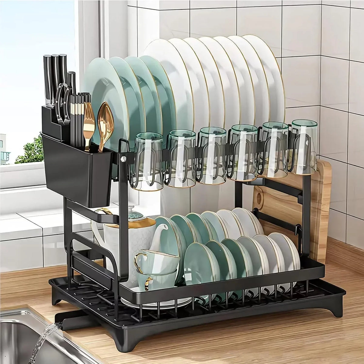 PACHET PROMOTIONAL !!! Scurgator vase, design auto-draining, organizator compact, negru, 42x30x29cm + 1 Set doua prosoape de bumbac pentru bucatarie si 1 ascutitor pentru cutite - CADOU !!!