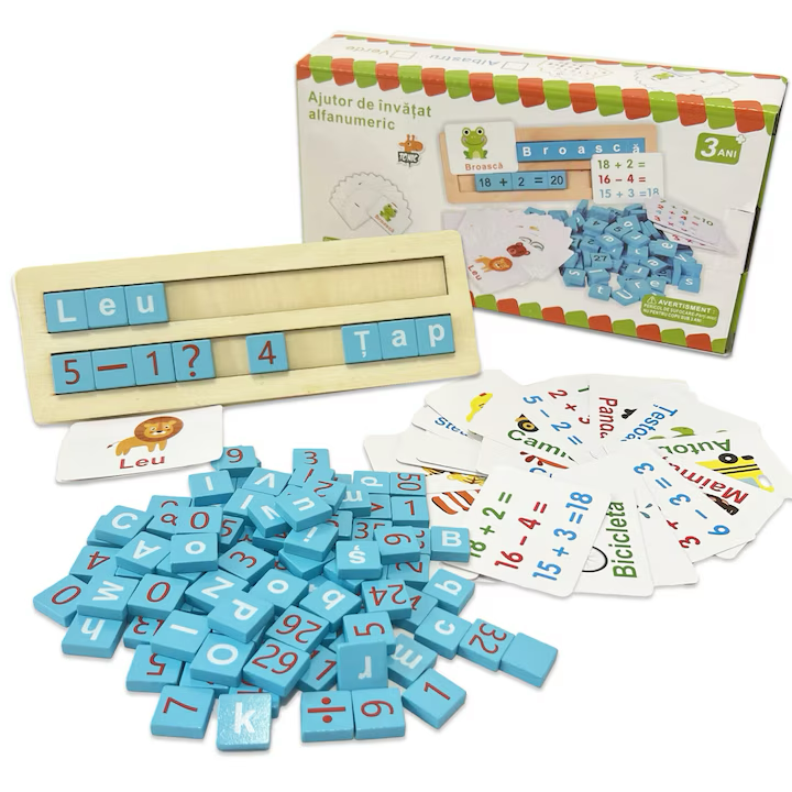 PACHET PROMOTIONAL !!! Joc educativ alfanumeric in limba Romana din lemn, asociere si sortare tip Montessori, 110 piese + Tableta de desen pentru copii - CADOU !!!