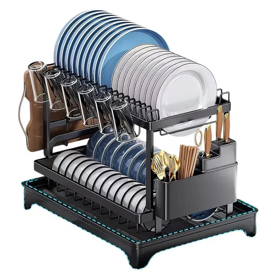 PACHET PROMOTIONAL !!! Scurgator vase, design auto-draining, organizator compact, negru, 42x30x29cm + 1 Set doua prosoape de bumbac pentru bucatarie si 1 ascutitor pentru cutite - CADOU !!!