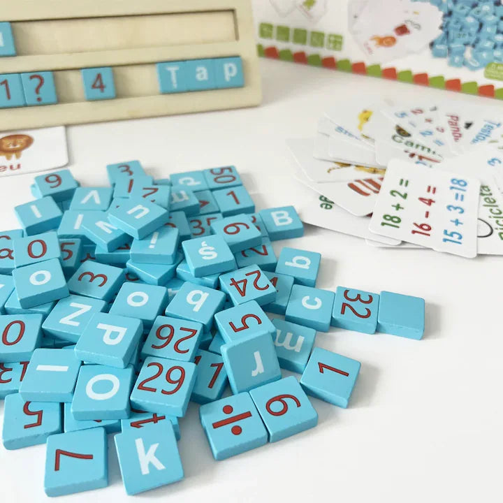 PACHET PROMOTIONAL !!! Joc educativ alfanumeric in limba Romana din lemn, asociere si sortare tip Montessori, 110 piese + Tableta de desen pentru copii - CADOU !!!