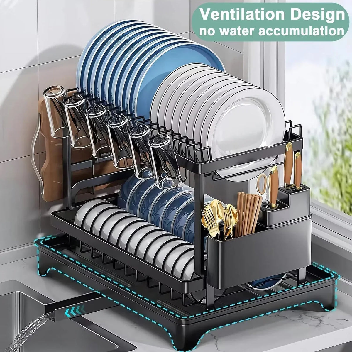 PACHET PROMOTIONAL !!! Scurgator vase, design auto-draining, organizator compact, negru, 42x30x29cm + 1 Set doua prosoape de bumbac pentru bucatarie si 1 ascutitor pentru cutite - CADOU !!!