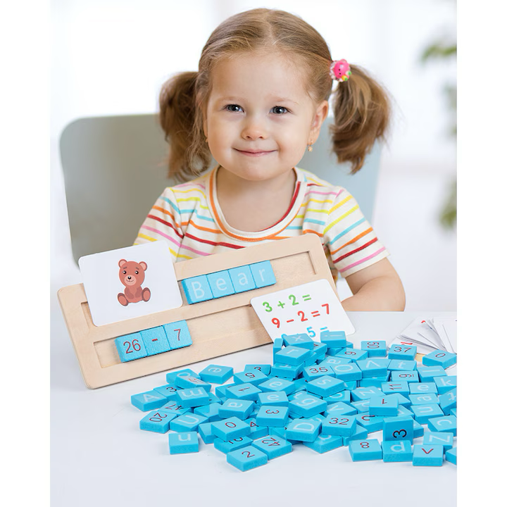 PACHET PROMOTIONAL !!! Joc educativ alfanumeric in limba Romana din lemn, asociere si sortare tip Montessori, 110 piese + Tableta de desen pentru copii - CADOU !!!