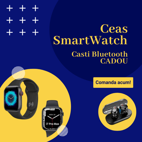 Ceas inteligent model I7 Pro Max, modern si elegant + Set casti Bluetooth - CADOU