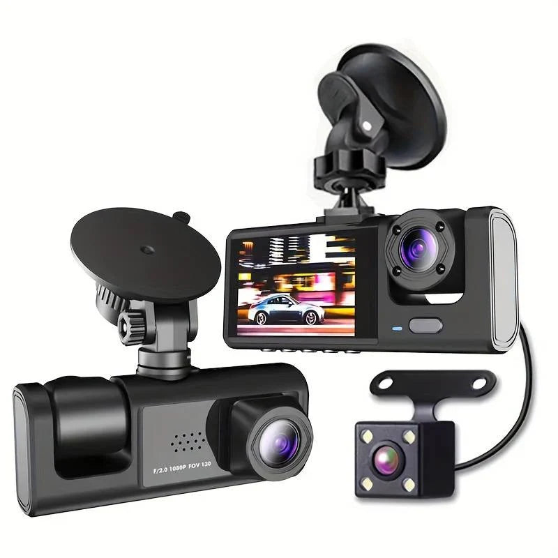 Camera auto tripla FullHD, 3 camere-fata/spate/interior, ecran 2'', G Senzor + Set casti Bluetooth - CADOU
