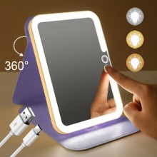 Mini oglinda portabila patrata cu LED pentru machiaj si suport pliabil + Set Pensule Machiaj, Makeup, 8 pensule, turcoazCADOU
